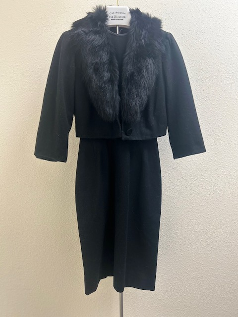 Vintage Jerry Gilden black wool dress with black fox fur trimmed jacket, front view