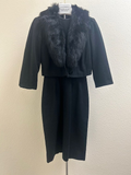 Vintage Jerry Gilden black wool dress with black fox fur trimmed jacket, front view