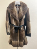 Hopper's Furs natural muskrat and leather coat — front view with belt