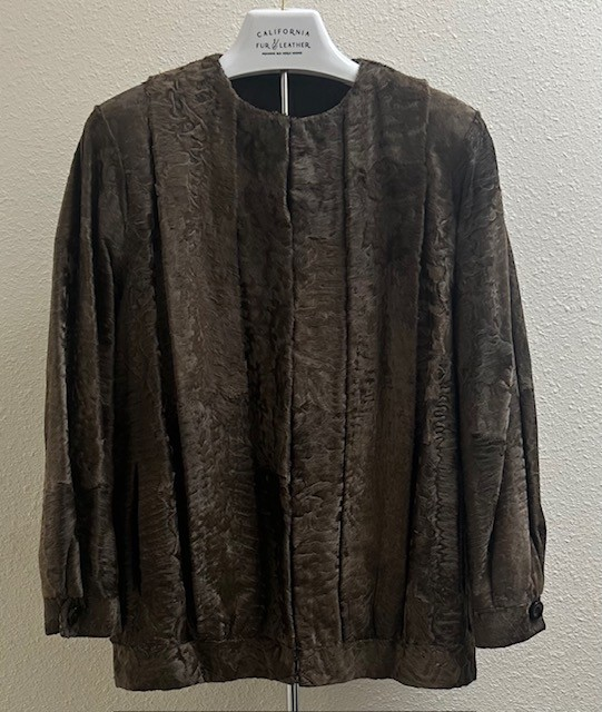 Pre-owned brown dyed broadtail jacket, front view