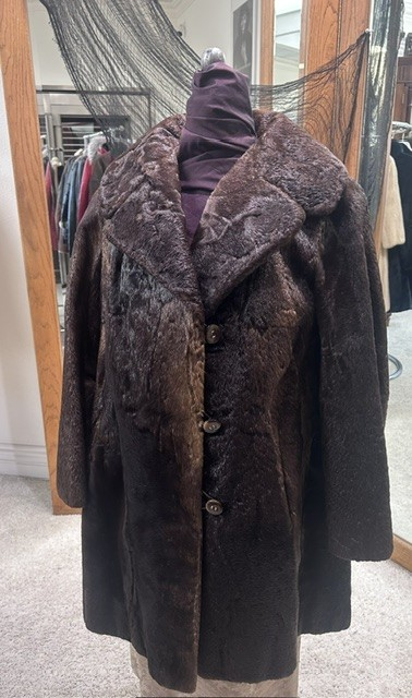 Front view of pre-owned brown calfskin walker coat #2905 with wide notched collar and button front