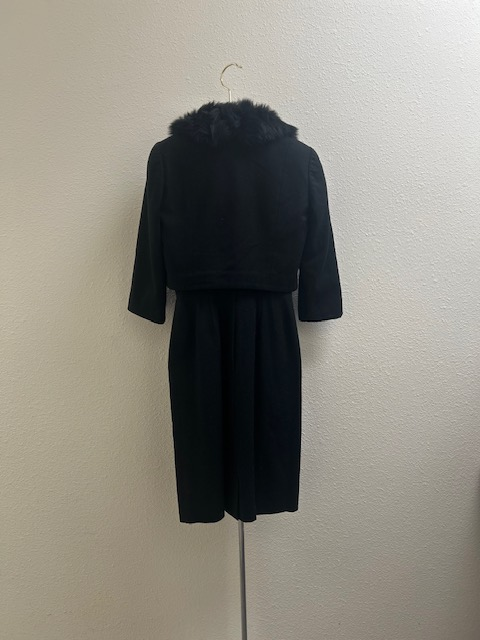 Vintage Jerry Gilden black wool dress with black fox fur trimmed jacket, back view